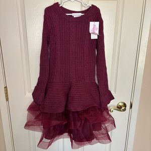 Bonnie Jean GirlChunky Cable Knit Sweater Dress with Tutu Skirt Size 12 Burgundy